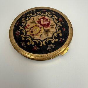 Vintage Golden Seal West Germany Mirrored Compact Needlepoint Roses